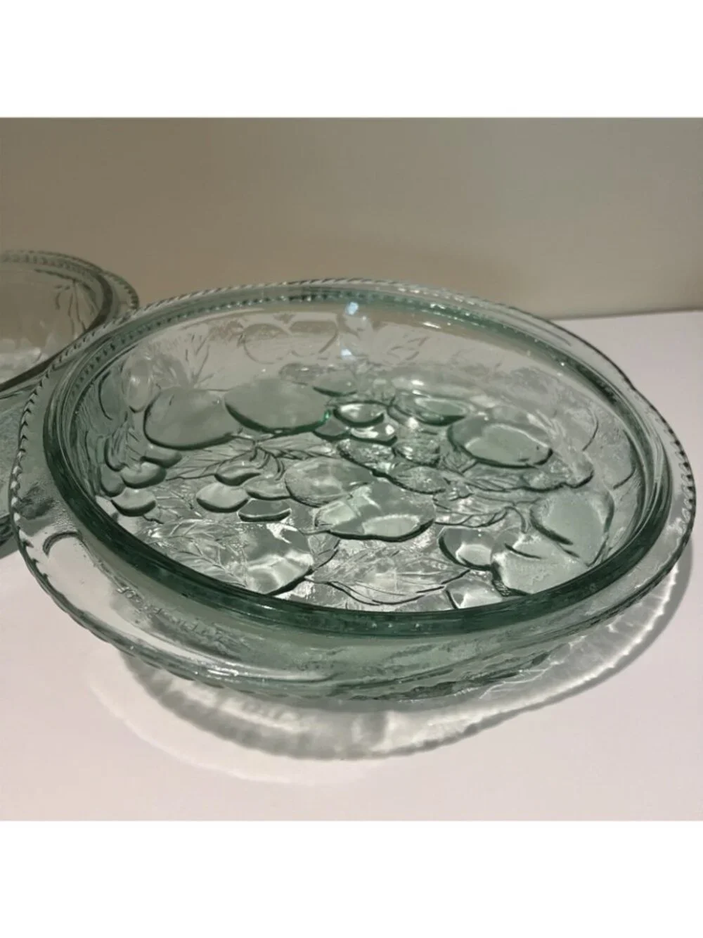3 Qt Libbey Orchard Fruit Green Glass Casserole Baking Dish W/ Pie Plate Lid